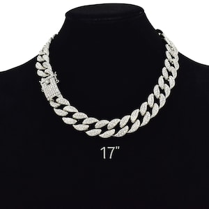 Cuban Link Chain Iced Out 15MM 18k Silver Plated Simulated Diamond CZ Pave | Choker | Necklace | Silver Tone Hip Hop Bling