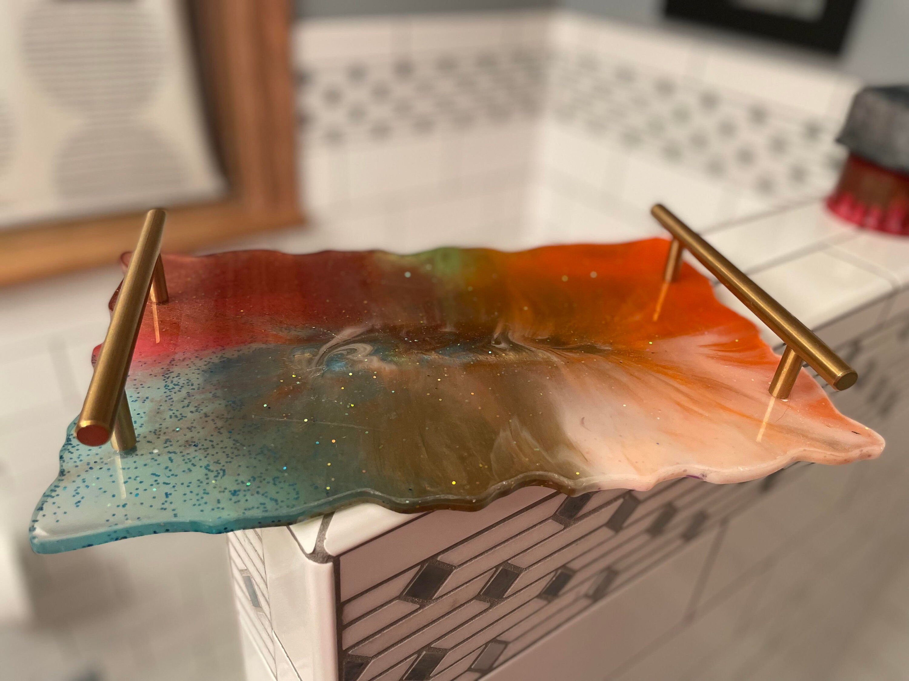 Small resin serving tray with gold handles Etsy