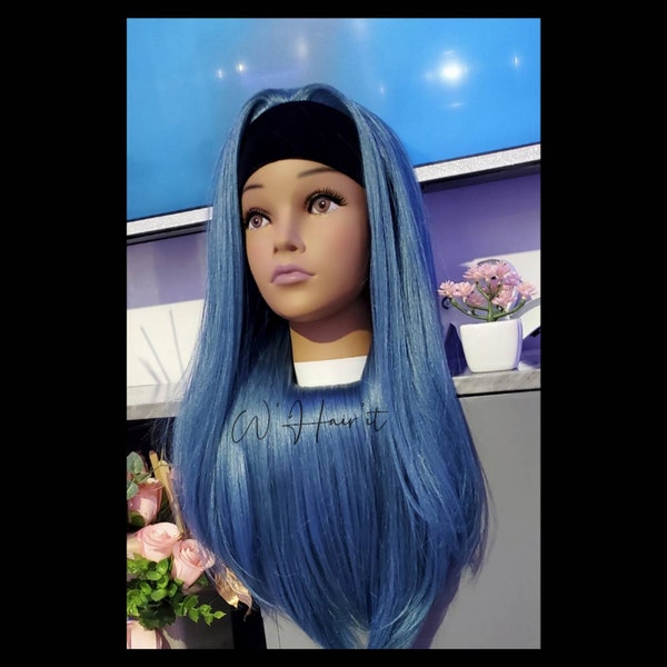 Long Blue Straight Headband Wig  Ponytail Wig Sports Gym Wigs Alopecia Wig Hair Loss