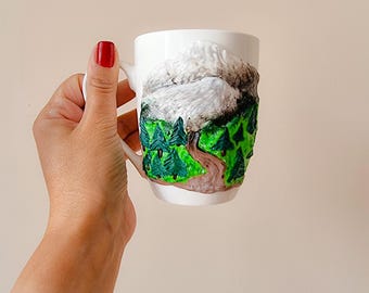 Mug with mountains. Decorated polymer clay mug with mountain landscape. Mountain lover. Gift for a mountaineer.