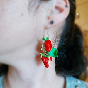 Strawberry earrings, polymer clay fruit dangle jewelry, cute, handmade, lightweight accessories for women