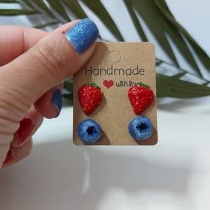 Set of earrings strawberries and blueberries from polymer clay. Floor earrings. Handmade fruit jewelry. Fruit earrings.handmade earrings.