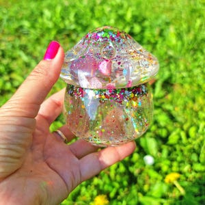 Flower jar mushroom. Epoxy resin jar with brocade and flowers. Jar for spices, candy.