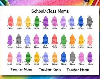 Puede incluir: Un gráfico de aula imprimible con personajes de crayones de colores con nombres debajo de cada uno. El gráfico incluye el texto "School/Class Name" en la parte superior y "Teacher Name" repetido tres veces en la parte inferior.