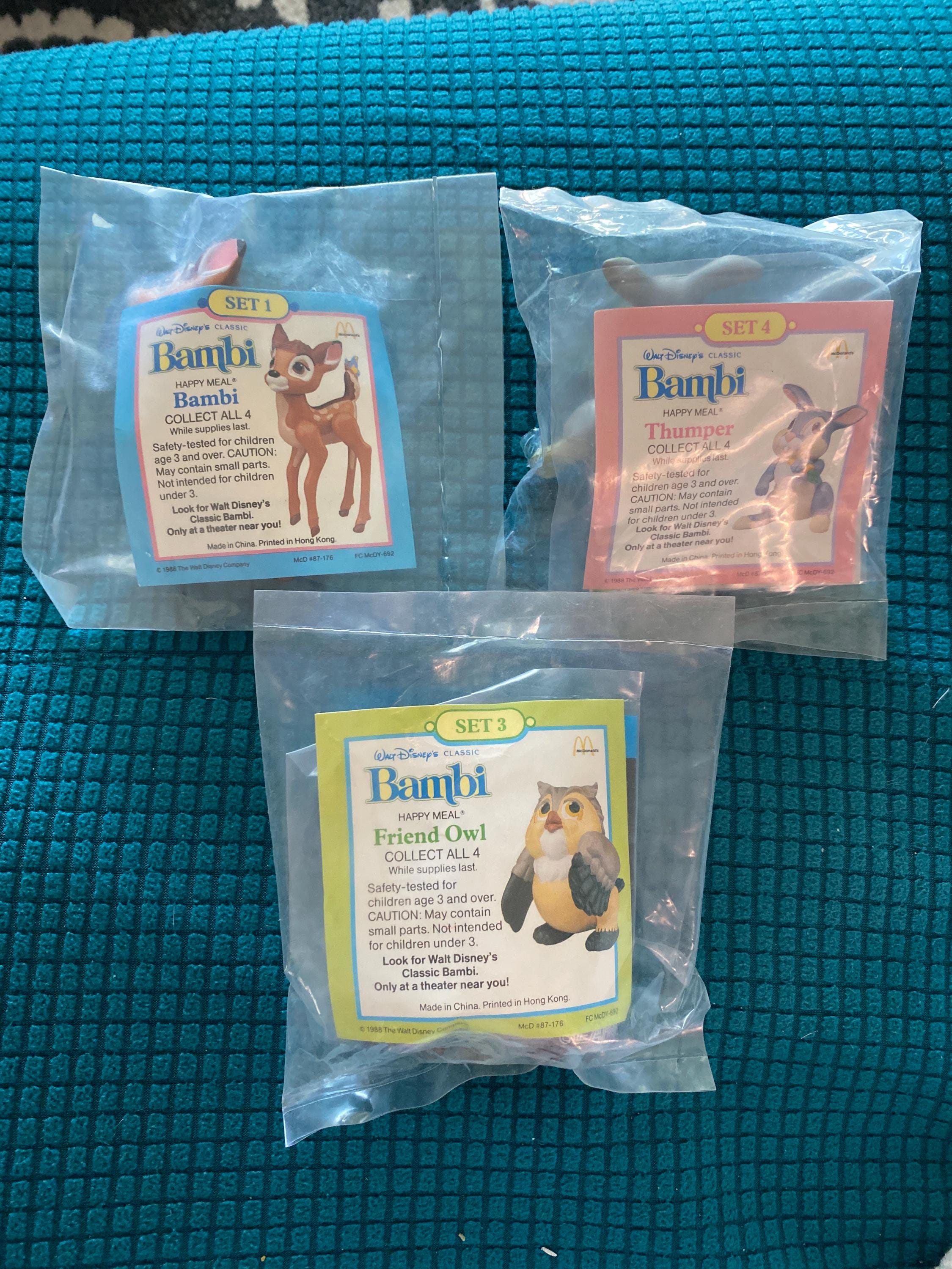 Bambi , Thumper, and Owl, Set of 3, from the Walt Disney Classic, from McDonald’s, in 1988,NIP