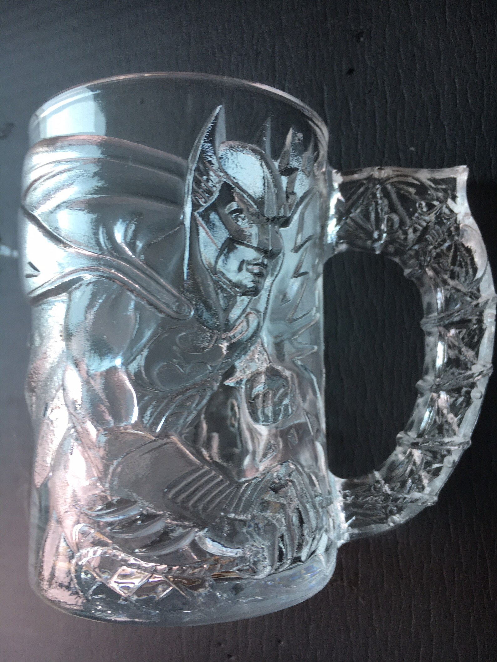 Batman Forever promotional glass mugs from DC Comics and Etsy