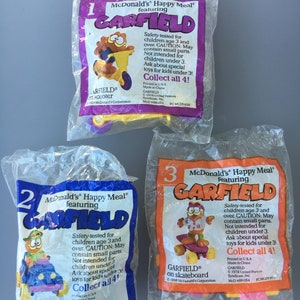 Garfield Vintage 1988 McDonalds HappyMeal Toys, set of 3. Unused.