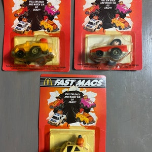 McDonald’s Fast Macs ,Pull Back Cars, HappyMeal Toy-from 1985, Nip, set of 3.