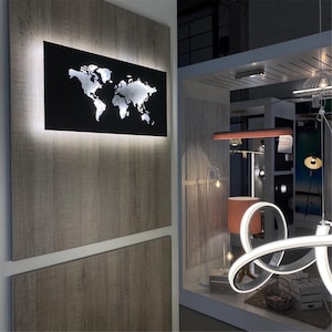 Wandbild Dekoleuchte Wandlampe Weltkarte SILBER LED Hintergrundlicht WLAN