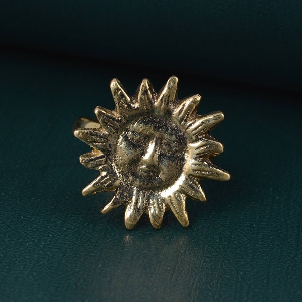 Brass Sun Face Ring, Celestial Minimalist Jewelry