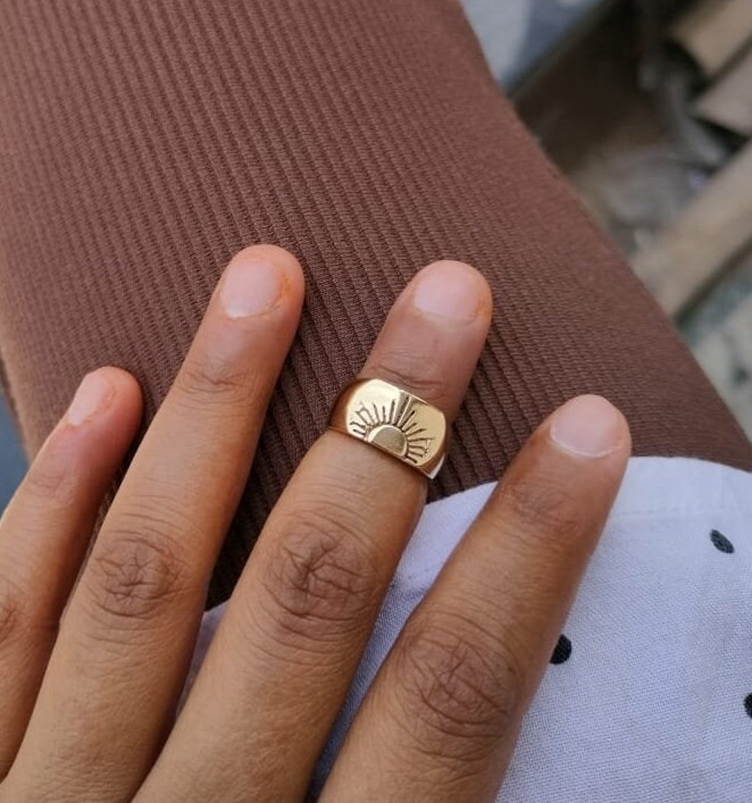 Gold Sun Engraved Ring, Knuckle Ring, Unisex Handmade Brass Hand Carved ...