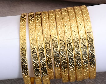 Flower Gold Brass Bangles, Hammered Bangle Bracelet, Gift For Her
