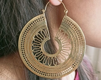 Mandala Earrings, Ethnic Earrings, Tribal Gold Brass Earrings, Boho Jewelry, Hoop Bohemian Earrings, Gift For Women, Hoop Earrings