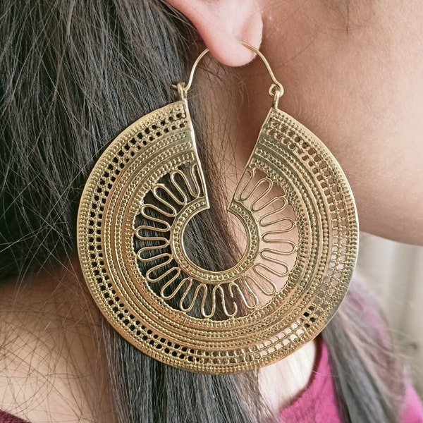 Mandala Earrings, Ethnic Earrings, Tribal Gold Brass Earrings, Boho Jewelry, Hoop Bohemian Earrings, Gift For Women, Hoop Earrings