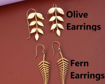 Gold Fern and Olive Brass Dangle Earrings, Boho Statement Earrings