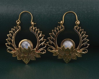 Lotus Earrings, Moonstone Earrings, Gemstone Lotus Earrings, Boho Earrings, Hoop Earrings, Ethnic Earrings, Stone Earrings, Gift For Her
