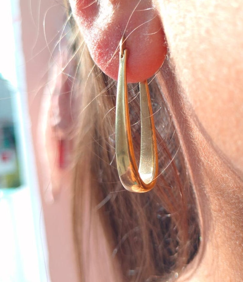 Pair of Oblong Rectangular Hoop Earrings in Brass, Oval Hoop Earrings, Chunky Hoop Earrings, Gold Brass, Hoop Earrings, Gift For Her image 3