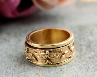 Wings Spinner Ring for Women and Men, Gold Fidget Ring, Feather Thumb Ring Band, Bird Anxiety Ring, Spinner Ring for Stress Relief