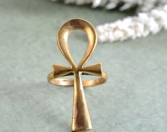 Gold Ankh Ring, Cross Ring, Gold Brass Ring, Egyptian Ring, Minimalist Jewelry, Egyptian Ankh Cross, Handmade Ring, Key of Life Ring