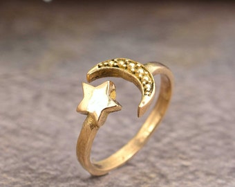 Gold Moon and Star Ring, Celestial Ring, Stackable Ring, Adjustable Ring, Moon and Star Ring, Moon Ring, Gift For Her, Unique Matching Ring