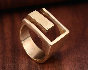 Antique Brass Geometric Ring, Big Statement Abstract Modern Ring, Boho Jewelry, Gift For Her, Unisex Strudy Large Square Wide Band Ring