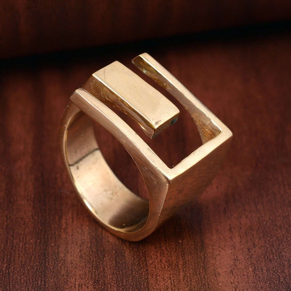 Antique Brass Geometric Ring, Big Statement Abstract Modern Ring, Boho Jewelry, Gift For Her, Unisex Strudy Large Square Wide Band Ring