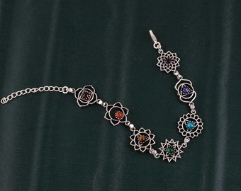 Handmade 7 Chakras Charms Silver Bracelet with 7 Gemstone, Adjustable Length, Gift for Yogi, Sacred Geometry Jewelry, Healing Stones, Chakra