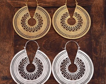 Handmade Large Mandala Brass Earrings, Tribal Boho Jewelry