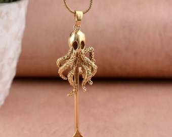 Gouden octopus lepel ketting, oceaan geïnspireerde Kraken hanger voor goth stijl en gepersonaliseerde sieraden, cool statement stuk, zeeleven ketting
