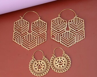 Gold Hexagon and Mandala Hoop Earrings, Large Hexagon Hoops, Gold Small Mandala Hoops, Gold Geometric Hoop Earrings, Geometric Earrings
