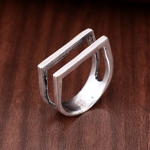 Handmade Sterling Silver Plated Square Double Bar Statement Ring