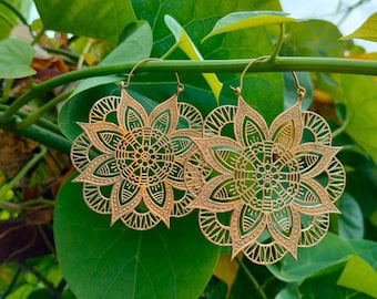 Boho Mandala Lotus Flower Hoop Earrings, Mandala Earrings, Tribal Earrings, Brass Earrings, Hoop Earrings,Big Round Earrings,Flower Earrings