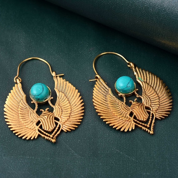Pair of Brass Lotus Flower Earrings with Turquoise Centre Pair of Brass Lotus Flower Earrings with Turquoise Centre