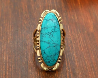 Handmade Brass Turquoise Boho Ring, Big Oval Gemstone