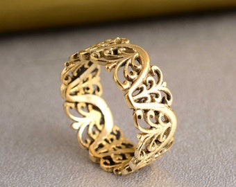 Gold Filigree Ring, Lace Band Ring, Vintage Style Ring, Ornate Openwork Ring, Boho Jewelry Gift for Women