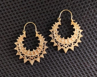 Pendientes Mandala, Pendientes étnicos, Pendientes tribales de latón dorado, Joyería Boho, Pendientes Boho de aro, Regalo para mujer, Pendientes de aro