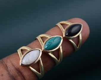 Mondstein - Türkis - Schwarzer Obsidian Ring, Handgefertigter Ring, Edelstein Ring, Statement Ring, Marquise Stein, Hippie, Boho, Geburtsstein Ring
