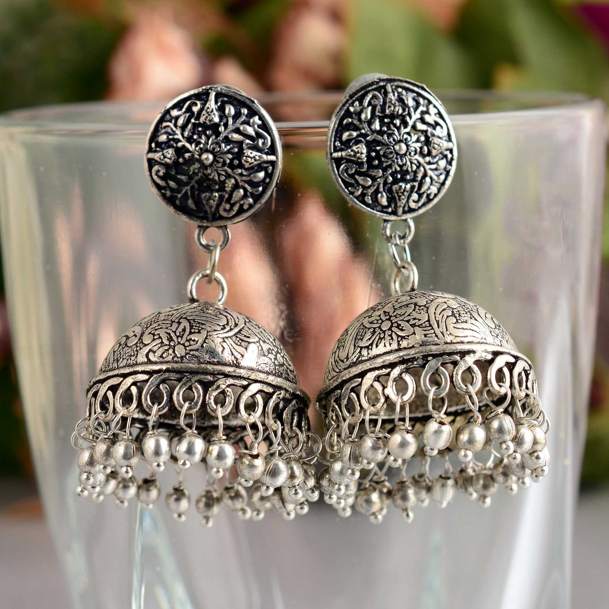 Buy Shreyadzines Designer Traditional Oxidized Silver Kashmiri Style Jhumka Jhumki Earrings Alloy Drops & Danglers Online At Best Prices In India - Foto 3