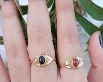 Handmade Brass Gemstone Ring, Carnelian and Obsidian