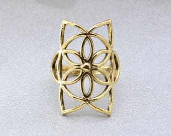 Flower of Life Ring, Brass Ring, Sacred Ring, Symbol Ring, Sacred Geometry, Yoga Ring, Flower of Life Jewelry, Bohemian Ring, Gift For Her