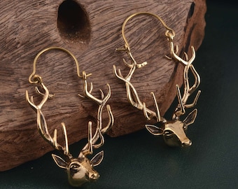 Golden Deer Hoop Earrings, Christmas Day Gift