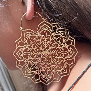 Boho Mandala Lotus Flower Hoop Earrings, Mandala Earrings, Tribal Earrings, Brass Earrings, Hoop Earrings,Big Round Earrings,Flower Earrings