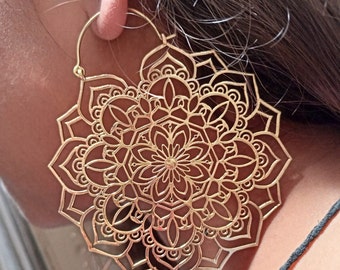 Boho Mandala Lotus Flower Hoop Earrings, Mandala Earrings, Tribal Earrings, Brass Earrings, Hoop Earrings,Big Round Earrings,Flower Earrings