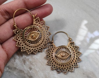 Gold Evil Eye Hoop Earrings, Dainty Geometric Bohemian Brass Jewelry