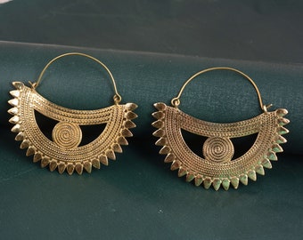 Crescent Moon Hoop Earrings, Mandala Earrings, Half Moon Earrings, Brass Hoop Earrings, Crescent Moon Jewelry, Festival Jewelry,Gift For Her