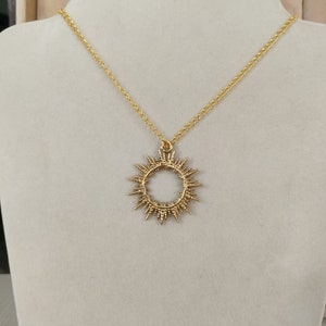 Gold Sun Necklace Cubic Zirconia Sunburst Pendant 14k Solid