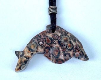 Leopard Skin Jasper Stone Dolphin Pendant Necklace