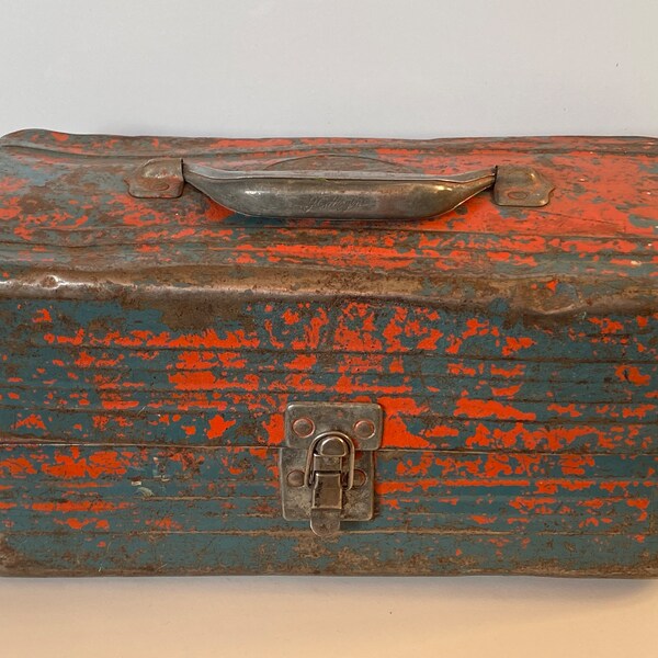 Vintage Orange & Blue Metal Fishing Tackle Box