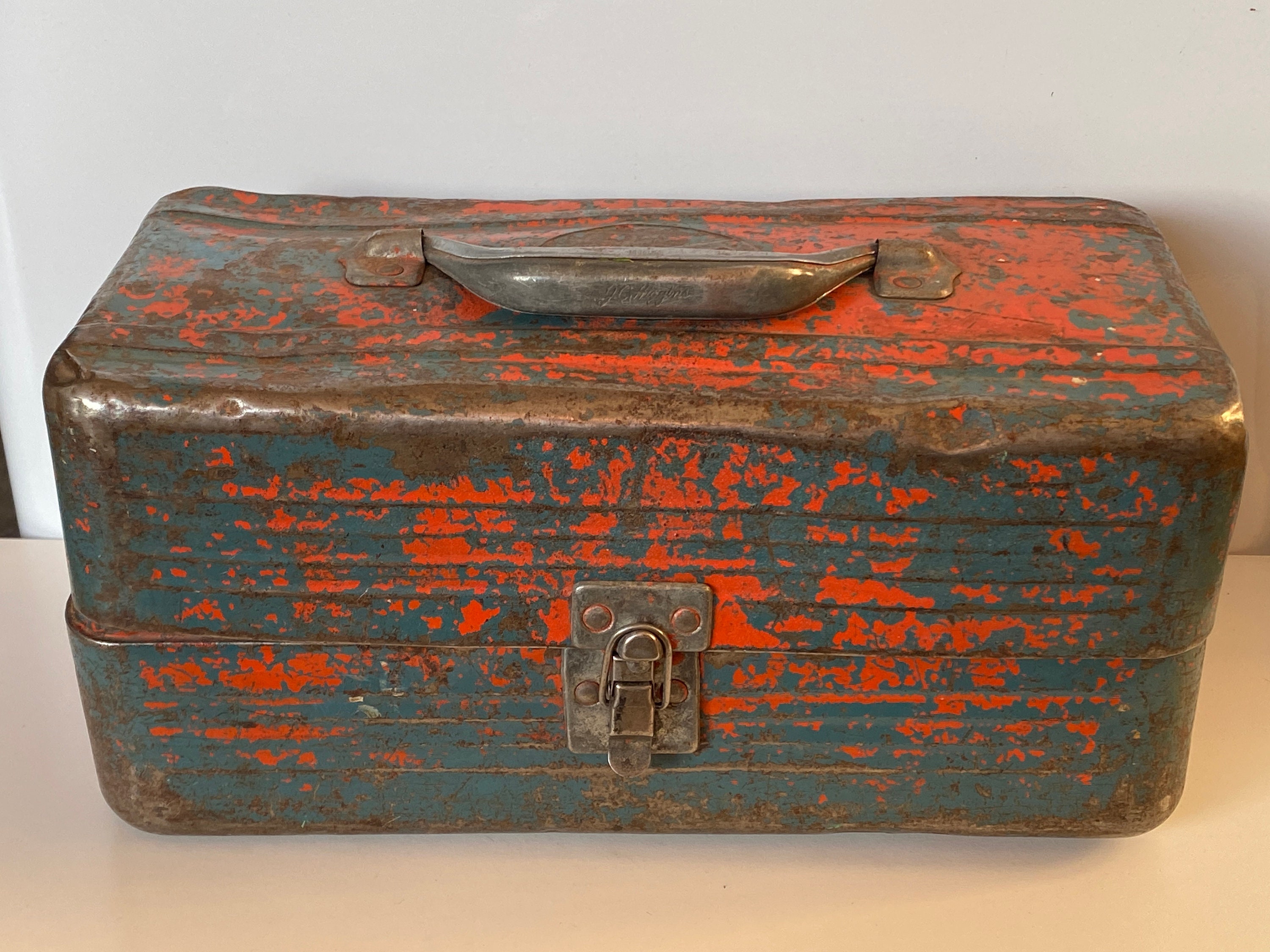 Vintage Tackle Box / Burnt Orange Fly Fishing Metal Storage Box