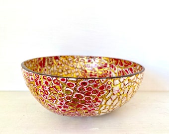 Vietnamese Lacquered Coconut Bowl-Mosaic Red Yellow White